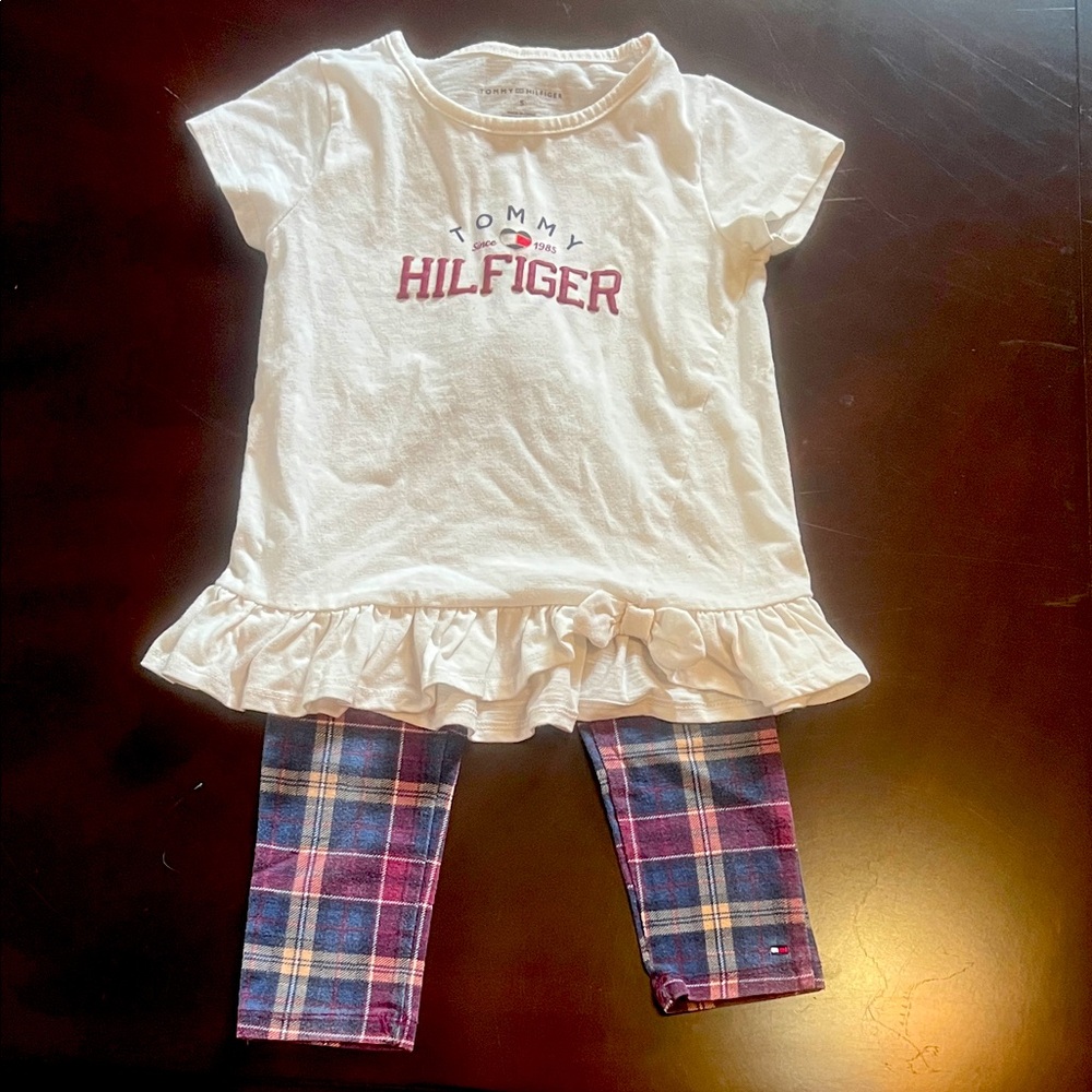 Tommy Hilfiger White Ruffle Top and Plaid Leggings Size 5